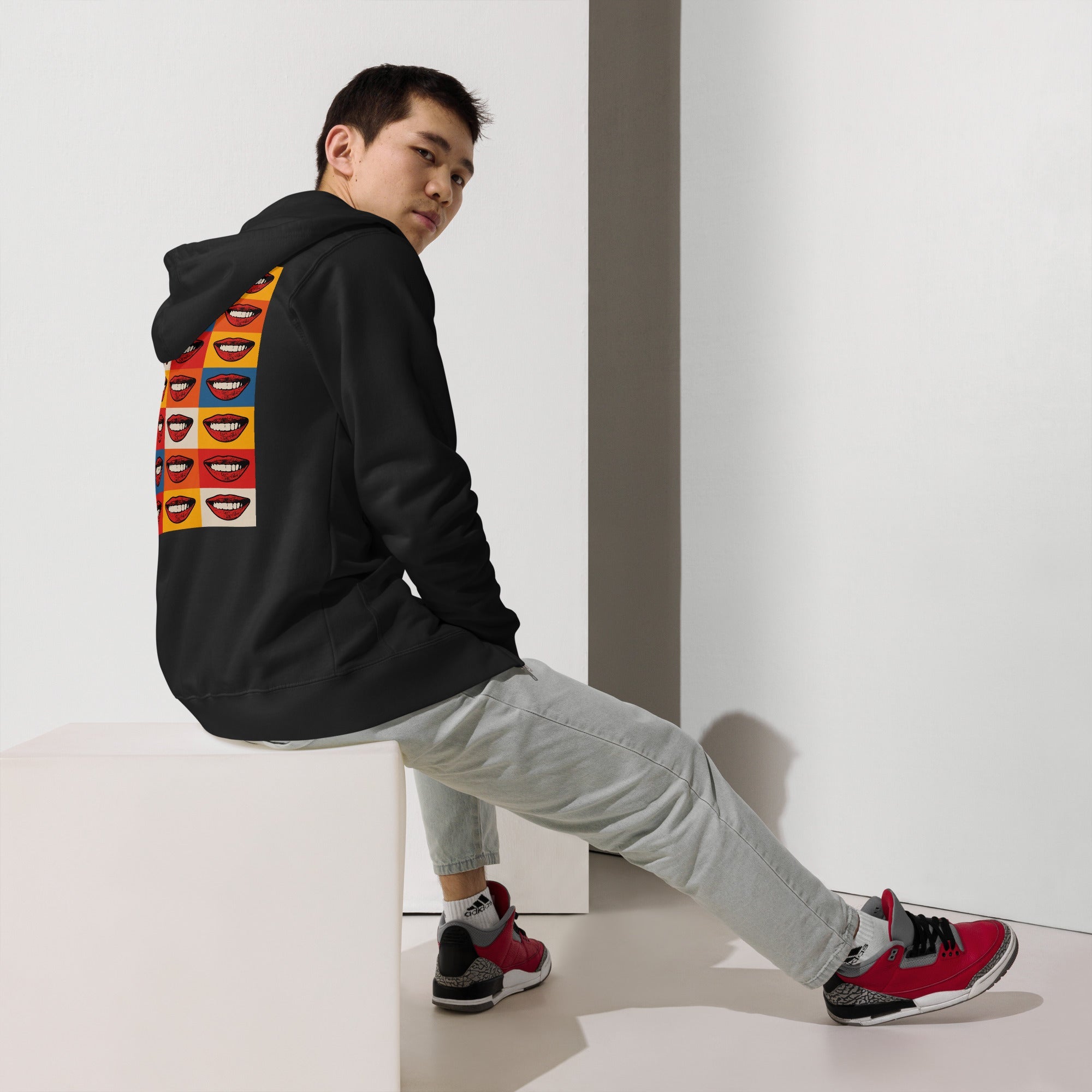 Sudadera polar unisex con cremallera y diseño de arte pop de sonrisa