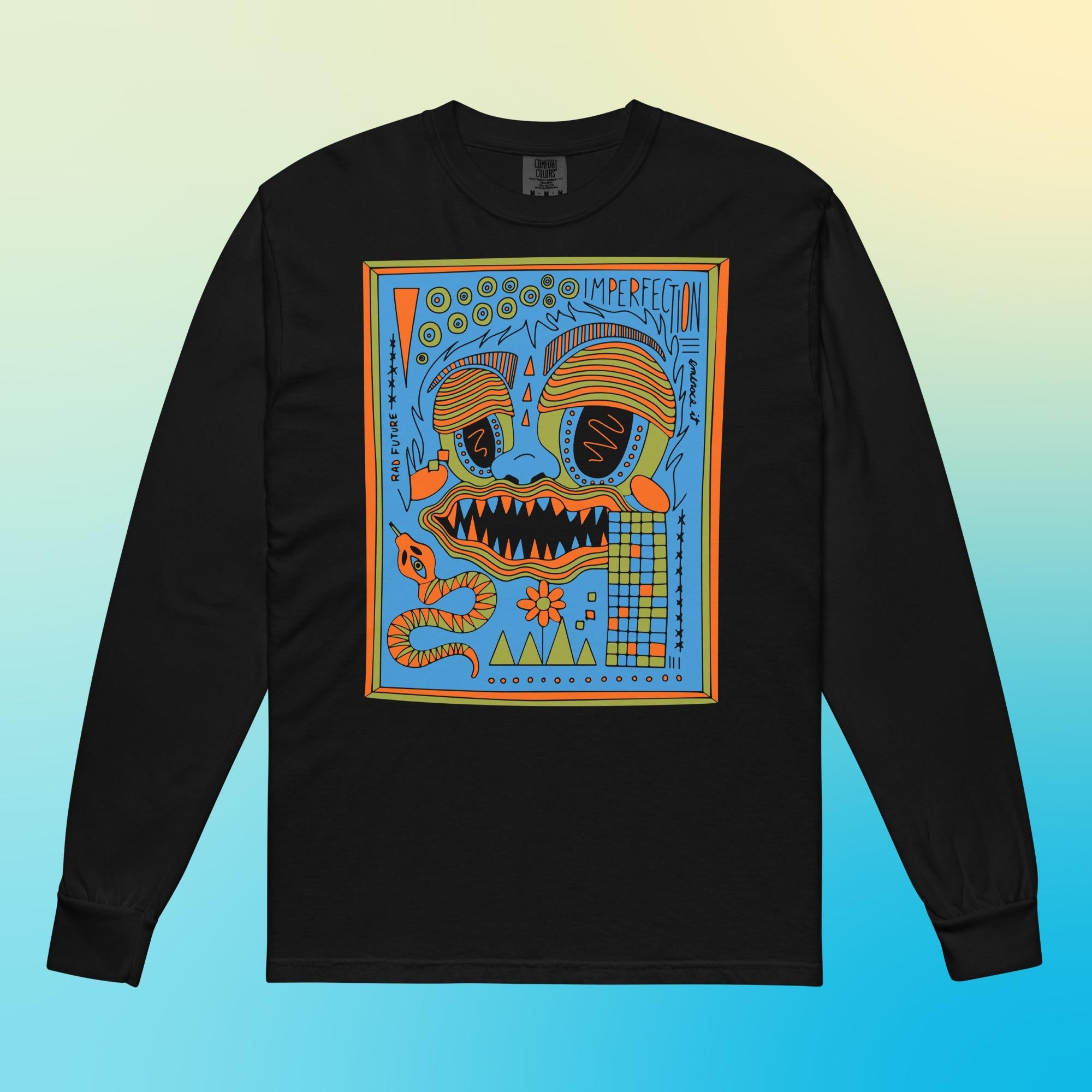 Acepta la imperfección: garabato de monstruo verde azul naranja negro: camiseta de manga larga